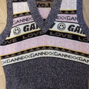 Ganni V-Neck Sweater Vest in Pink, Yellow, and Black